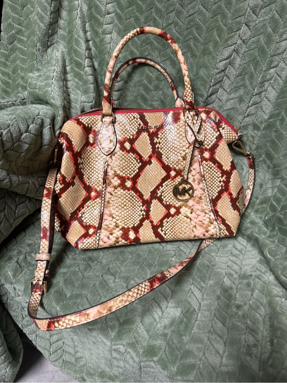 Michael Kors Red and Cream Snake-Print Satchel